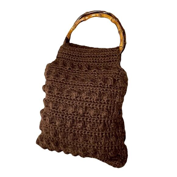 Handmade Crochet Chunky Knit Boho Brown Hand Bag 70s Grannycore Bamboo Handles - Picture 1 of 10